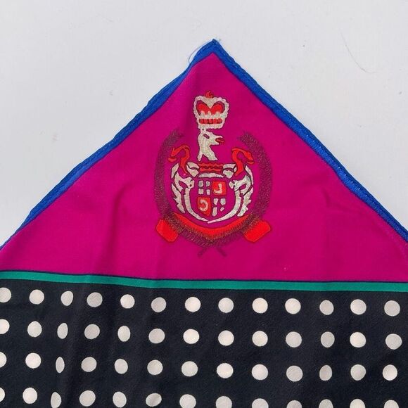 Vintage LIZ CLAIBORNE Silk Scarf Red Pink Blue Polka Dot Stripes Crest Square - Picture 7 of 11